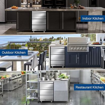 FoMup Stainless Steel 3-Tier Drawer Fridge Undercounter, Outdoor Beverage Refrigerator with Wheels, Waterproof Design and Temperature Control for Home and Commercial Use