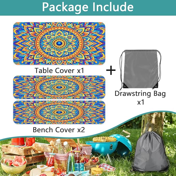 Fitted Picnic Table Cover with Bench Covers,Bohemian Waterproof Elastic Edges Rectangle Patio Tablecloth Outdoor Camping Essentials Stuff Rv Accessories Summer Travel Trip Camper Gifts