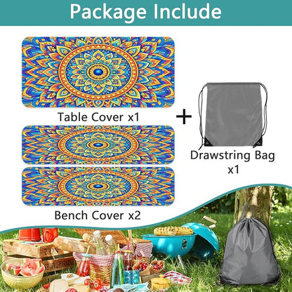 Fitted Picnic Table Cover with Bench Covers,Bohemian Waterproof Elastic Edges Rectangle Patio Tablecloth Outdoor Camping Essentials Stuff Rv Accessories Summer Travel Trip Camper Gifts