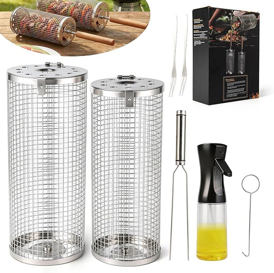 Rolling Grill Basket,7-Piece BBQ Set,Stainless Steel Grilling Basket with Lid and Removable Wooden Handle, BBQ Grill Accessories for Vegetables, Shrimp, Meat ,Outdoor Cooking Perfect Gifts for Men Dad Husband