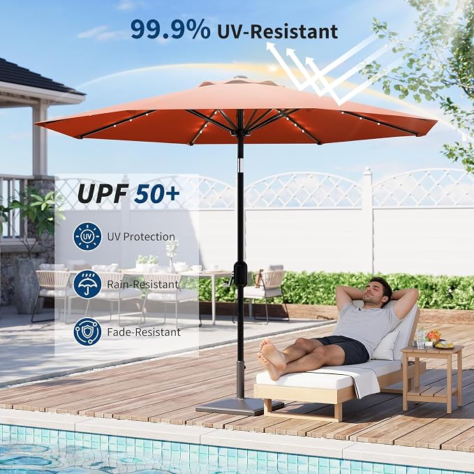 Garvee patio Umbrella with Solar Lights, Outdoor Table Umbrella with 8 Durable Ribs, Tilt & Crank Mechanism, Waterproof & UV Protection for Garden, Backyard, Poolside,