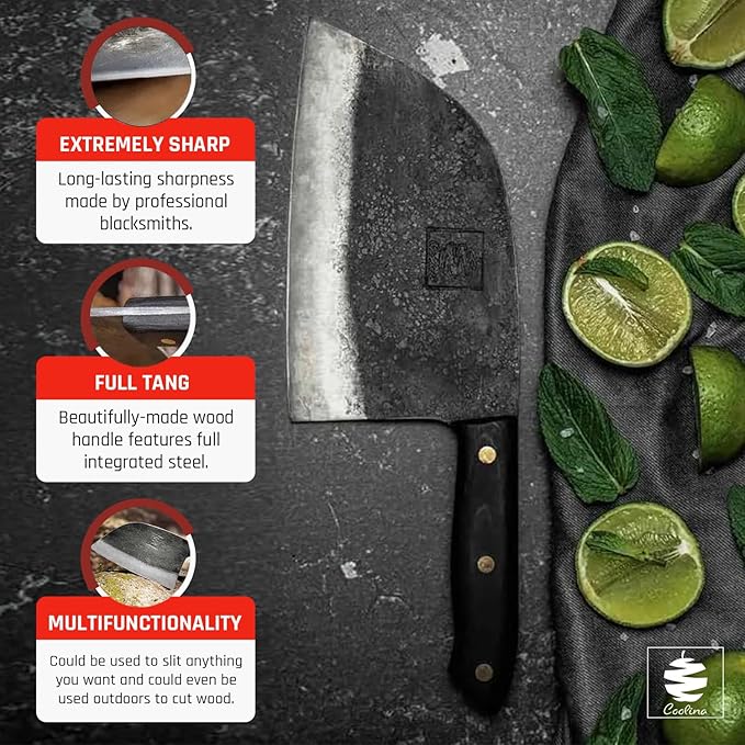 COOLINA Promaja 6" Chef Knife, Hand-Forged High-Carbon Steel, Wide-Blade Multipurpose Kitchen Knife for Slicing, Carving, Chopping, BBQ & Meat Cutting, Full-Tang with Ergonomic Wood Handle