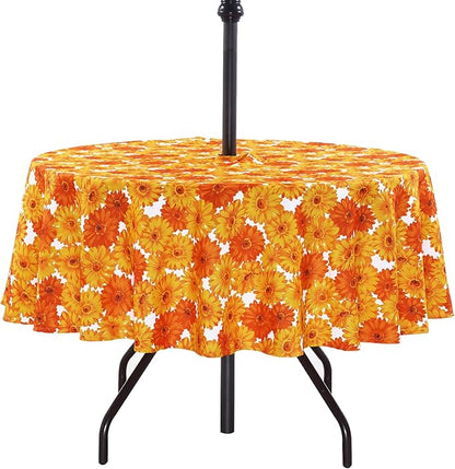 Poise3EHome 60 inches Round Outdoor Tablecloth with Umbrella Hole and Zipper,Spillproof Patio Table Cloth for Camping Picnic Party Garden Table, Yellow Flower