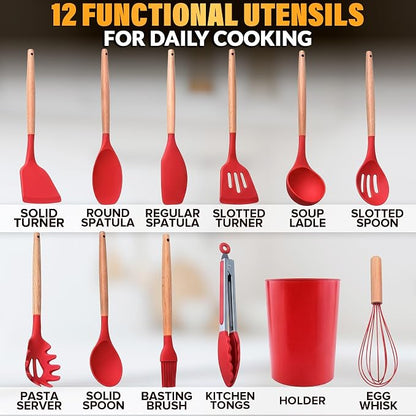 12 Pcs Red Kitchen Accessories with Holder for Nonstick Cookware | Silicone Cooking Utensils Set for BBQ; Heat-Resistant Tools with Wooden Handles for Baking, Serving, Frying, and Mixing