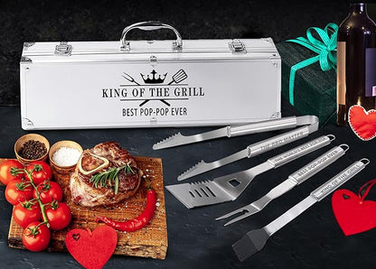 Bonsai Tree Pop Pop Gifts, Pop Gifts from Grandkids, Grill Tools for Pop Ever Present - Cool Grilling BBQ Set for Grandpa- Stainless Steel Tool Heavy Duty Set 4