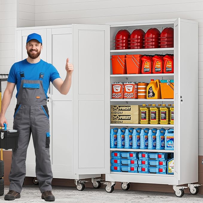 73.6" Metal Garage Storage Cabinet with Wheels and Locking Doors and Tall Rolling Steel Tool Cabinet with 5 Adjustable Shelves for Garage,Home,Office,Shop (White, 73.6''H x 35.4''W x17.7''D)