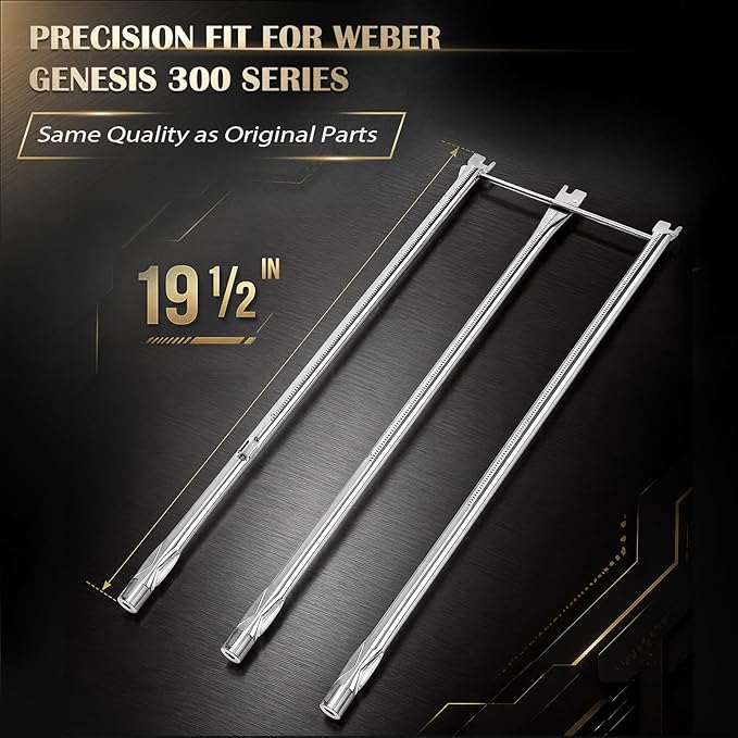QuliMetal 304 Stainless Steel Grill Burner for Weber Genesis 300 (2007-2010), Genesis E310 E320 S310 S320 EP310 EP320 Gas Grill with Side Control Knobs, Replace for Weber 67722 67820