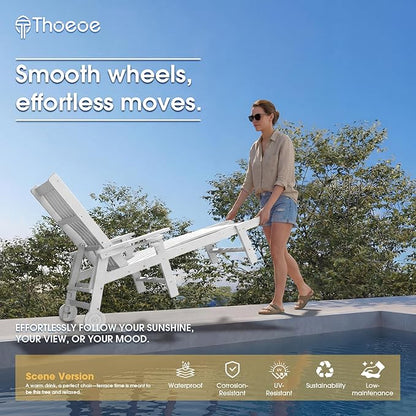 THOEOE Patio Chaise Lounge Chair, Oversized Lounge Chair Outdoor with 5 Positions, 78″ Long, HDPE, Patio Lounge Chair with Wheels & Cup Holder for Pool, Deck, Poolside,White