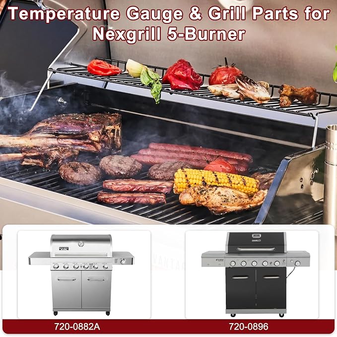Hiorucet Thermometer & Grill Parts for Nexgrill Replacement Parts 5 Burner 720-0882A, 720-0896, Heat Plates, Burner Tubes, Igniter and Temperature Gauge for Nexgrill Evolution Infrared Plus 5-Burner.