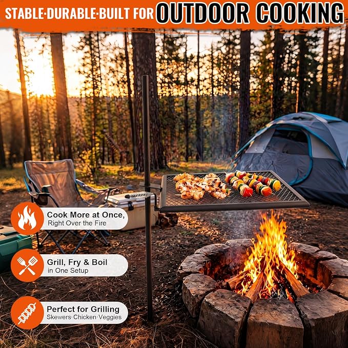 24" x 24" Fire Pit Campfire Grill Grate Campfire Grill Portable Open Fire Cooking Heavy-duty Foldable Camping Cooking Barbecue Rack Easy Setup & Adjustable Height for Outdoor BBQ