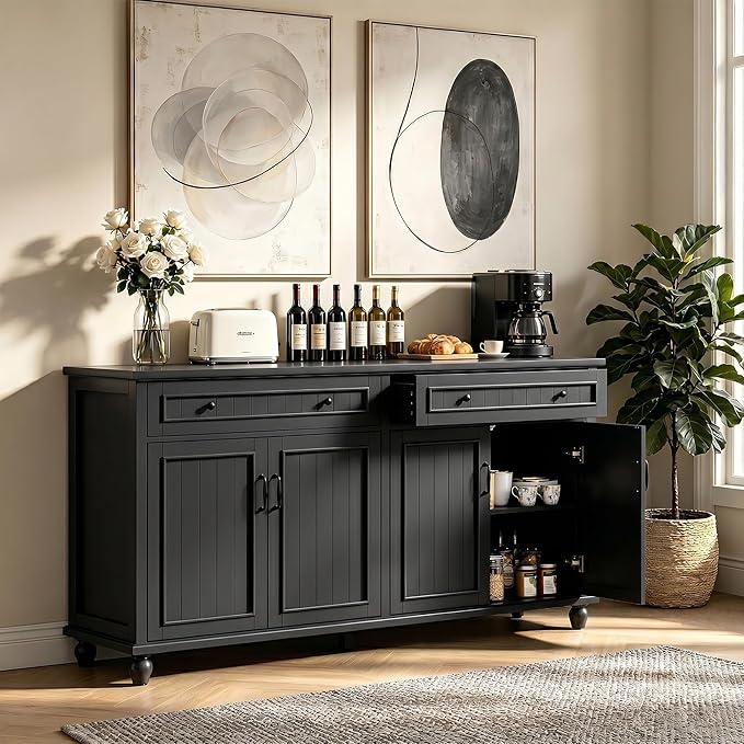 Scurrty Sideboard Buffet Cabinet, 62'' Large Storage Cabinet with Drawers and 4 Doors, Vintage Coffee Bar Cabinets with Adjustable Shelf for Kitchen, Living Room, Black