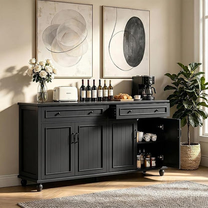 Scurrty Sideboard Buffet Cabinet, 62'' Large Storage Cabinet with Drawers and 4 Doors, Vintage Coffee Bar Cabinets with Adjustable Shelf for Kitchen, Living Room, Black
