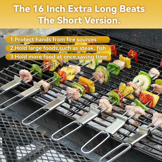 Skewers for Grilling, 16"（16PCS）Dual-Prong Flat Stainless Steel with Slider