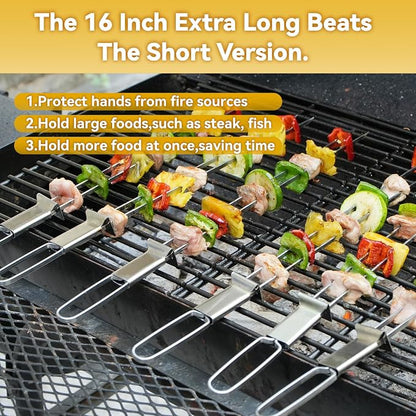Skewers for Grilling, 16"（16PCS）Dual-Prong Flat Stainless Steel with Slider