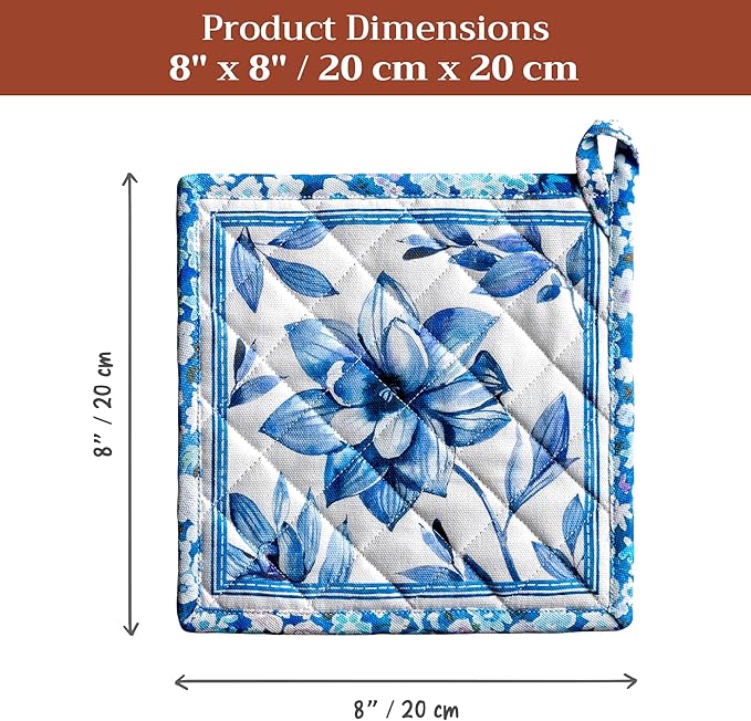 Maison d' Hermine Pot Holders 100% Cotton Heat Resistant Potholders 8" x 8" Hot Pads with Loop BBQ Cooking Baking Hotel Farmhouse Kitchen Handling Hot Pans Spring Summer (Pack of 2, Summer Blues)