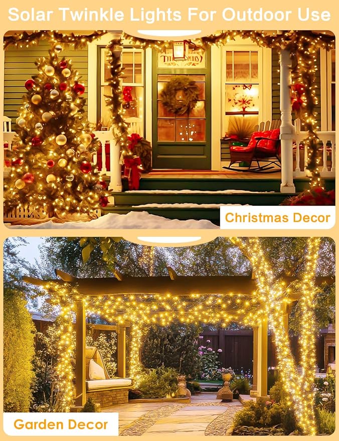 BHCLIGHT Solar String Lights Outdoor, 2 Pack 80 FT 200 LED Fairy Lights | Warm White, 8 Modes, Memory, Auto On/Off, IP65 Waterproof Copper Wire Twinkle Light for Garden Tree Patio Fence Wedding Decor