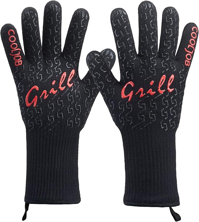 COOLJOB Heat Proof Resistant BBQ Oven Smoker Gloves, Reinforced Thick Aramid for Grill Up to 1472℉, Non-Slip Silicone Grippy Gloves for Cooking Meat, Bread or Hot Pizza in Kitchen, One Size