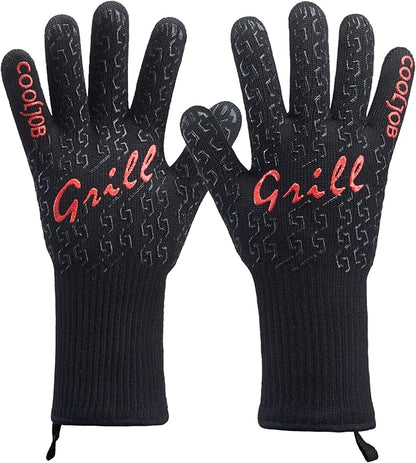 COOLJOB Heat Proof Resistant BBQ Oven Smoker Gloves, Reinforced Thick Aramid for Grill Up to 1472℉, Non-Slip Silicone Grippy Gloves for Cooking Meat, Bread or Hot Pizza in Kitchen, One Size