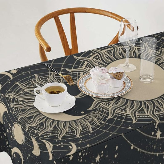 Vintage Tarot Tablecloth Boho Mystical Astrologer Zodiac Full Moon Phases Star Galaxy Space Table Cloth Water Resistant Wipeable Table Cover for Picnic Party Holiday Kitchen Dinner Table 60"x120"
