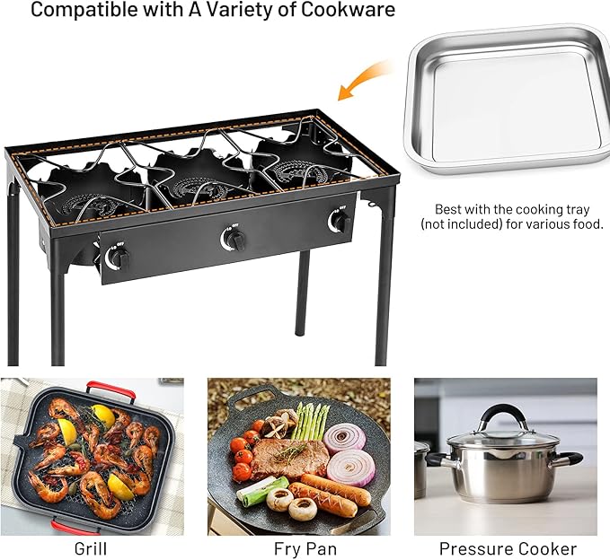 Giantex Outdoor Triple Burner Stove, High Pressure 3 Burner Stand Max. 225,000 BTU total, 0-20 PSI Regulator Detachable Legs, Portable 3 Propane Grill Burner Stove for Camping Picnic Cookout