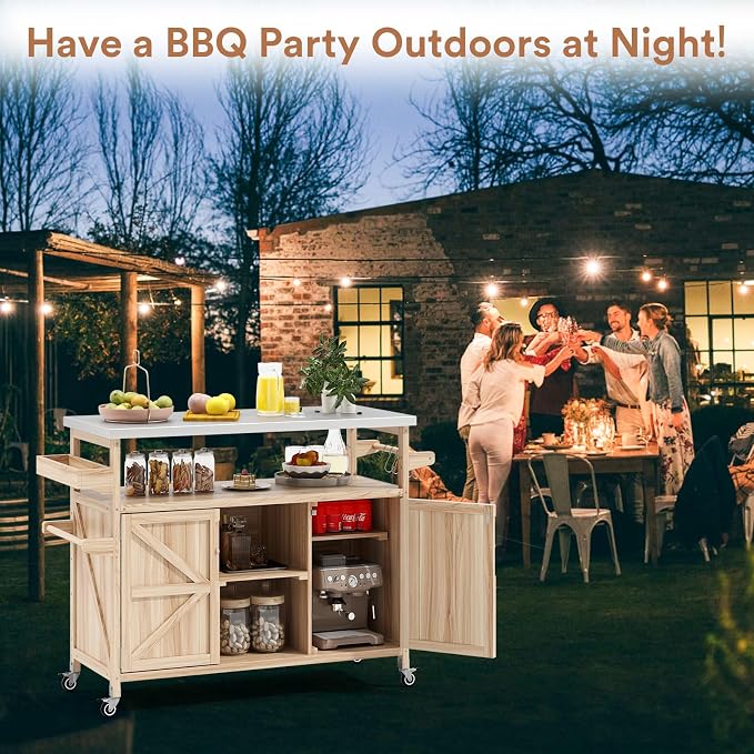 Zevemomo Outdoor Grill Cart with Storage, Stainless Steel Tabletop Outdoor Kitchen Island, Solid Wood Outdoor Buffet Cabinet with Wheels for Grilling, Light Wood Color