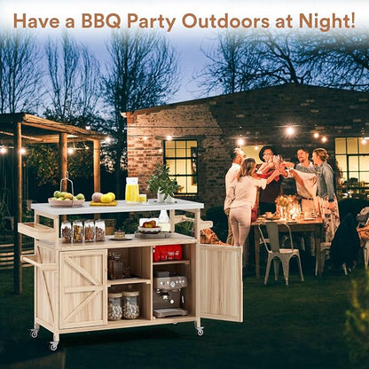 Zevemomo Outdoor Grill Cart with Storage, Stainless Steel Tabletop Outdoor Kitchen Island, Solid Wood Outdoor Buffet Cabinet with Wheels for Grilling, Light Wood Color