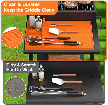 Silicone Griddle Tools Mat for Blackstone, Griddle Accessories Side Shelf Mat Grill Pad for Outdoor Grill Kitchen Counter Spatula Silicone Mat with Drip Pad (Orange (2Packs))