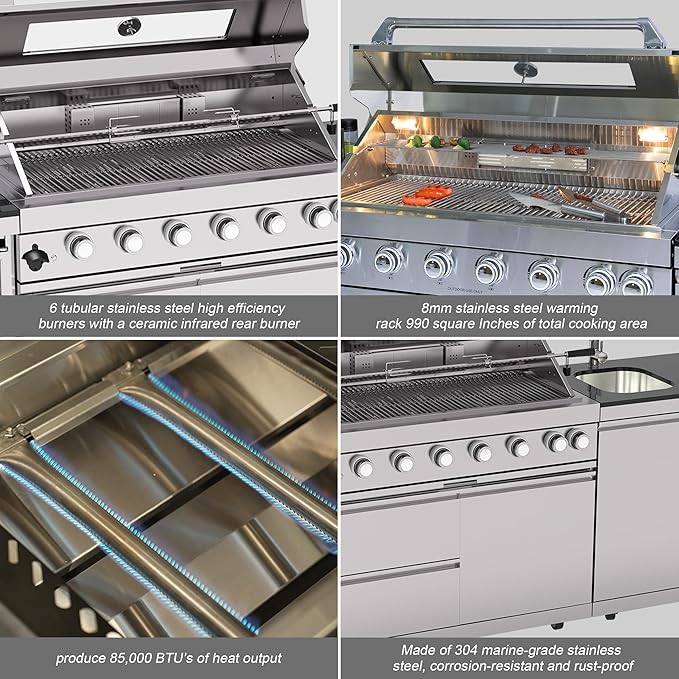 94 Inch Outdoor Kitchen Island, 85000 BTU 6 Burner Propane Gas Grill Combination With Rain Shelter Refrigerator and Sink, Outdoor Stainless Steel Barbecue Bar Grill for Patios, Gardens, Parties
