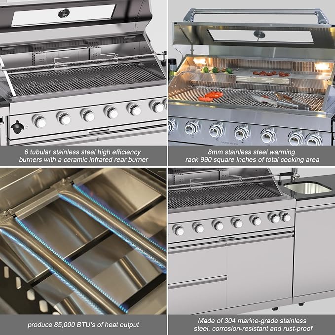 Outdoor Kitchen Island, 82 Inch 85000 BTU Gas Grill Combination With Refrigerator and Sink, Outdoor Stainless Steel Barbecue Bar,Natural Gas Barbecue Grill for Patios, Gardens, Parties
