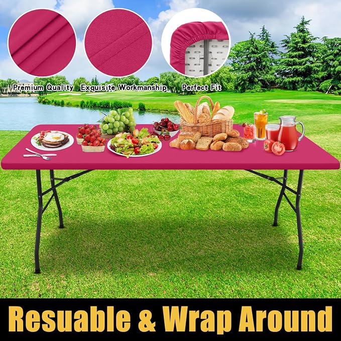 Smiry Rectangle Picnic Table Cloth, Waterproof Elastic Fitted Tablecloths for 4 Foot Tables, Washable Polyester Table Cover for Camping, Indoor and Outdoor (Fuchsia, 24"x48")