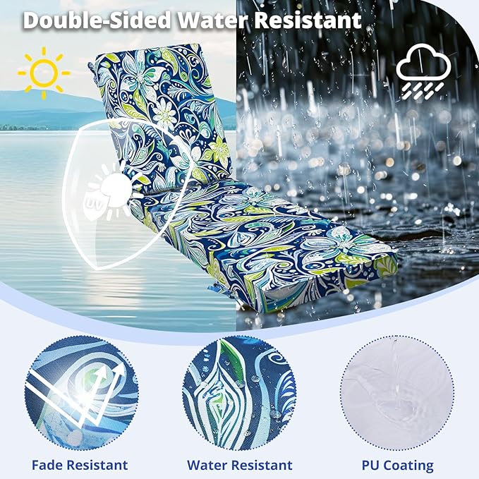 Fabuday Chaise Lounge Chair Cushions for Outdoor Furniture - 72 x 21 x 3 Inch Waterproof Patio Pool Sunbrella Lounger Pads Replacement with Removable Cover, Green Floral