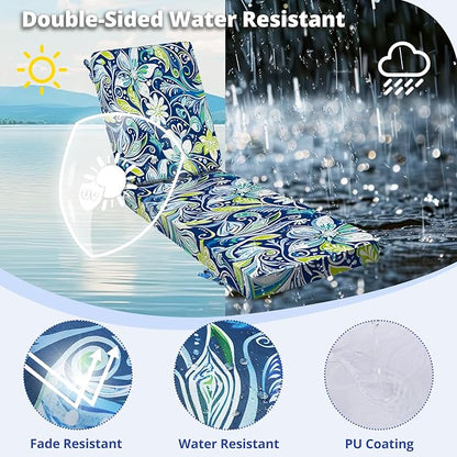 Fabuday Chaise Lounge Chair Cushions for Outdoor Furniture - 72 x 21 x 3 Inch Waterproof Patio Pool Sunbrella Lounger Pads Replacement with Removable Cover, Green Floral