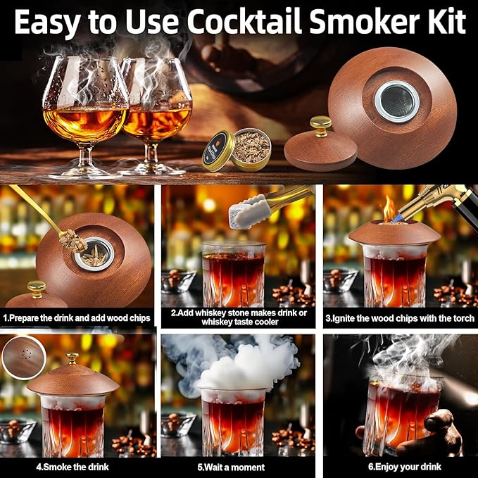 Cocktail Smoker Kit - Whiskey Smoker Kit with Torch,8 Flavors Wood Chips for Whiskey and Bourbon,Old Fashioned Smoker Set for Infused Cocktail,Cheese and Meats,Gifts for Men,Dad,Husband (NO Butane)