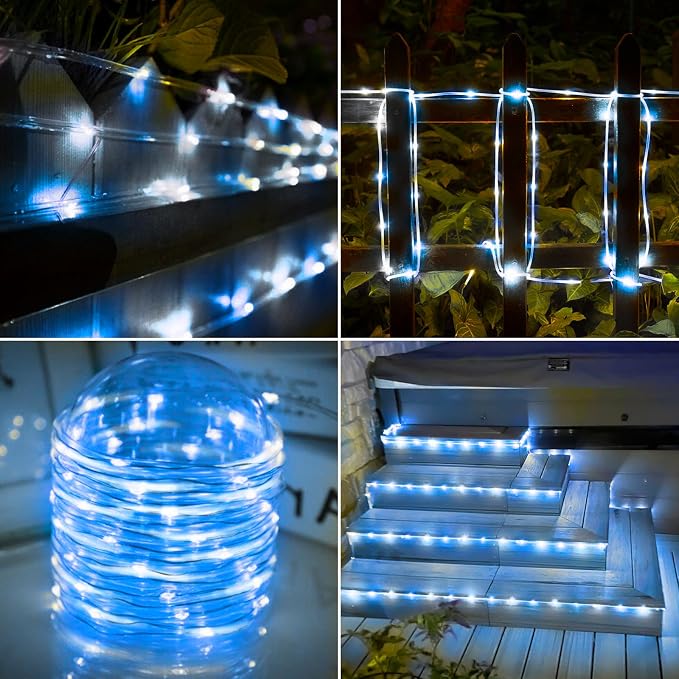 Solar Rope Lights, 2 Packs Total 132ft 400LED Solar String Lights, 8 Modes Waterproof Solar Outdoor Light, Flexible Clear Trampoline Light for Garden Backyard Patio Deck Pool Tree Decor - White & Blue