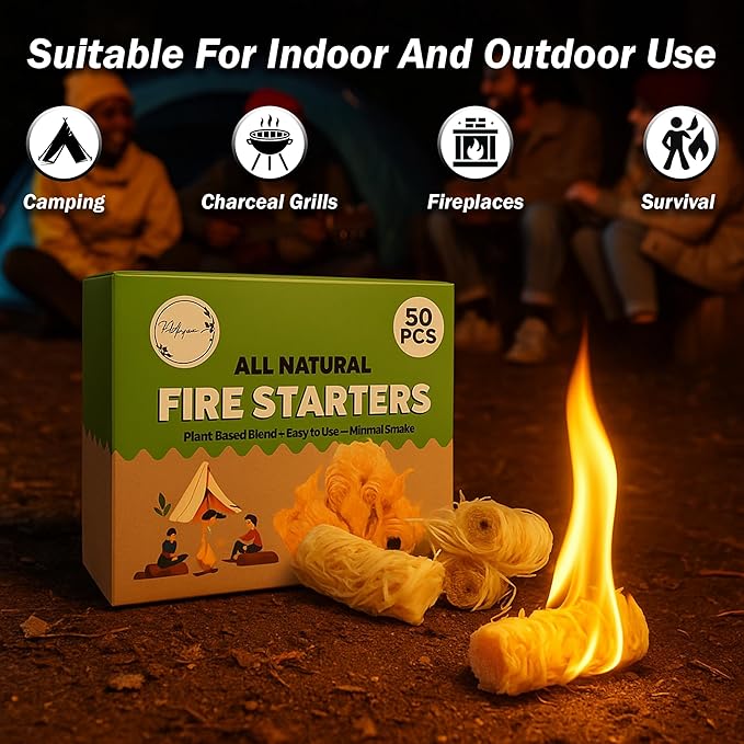 Fire Starters – 50 Natural Fire Starter Pieces for Fireplace, Wood Stove, Campfire, BBQ, Pizza Oven, Fire Pit & Smoker – Safe Charcoal Starters for Grill & Pellet Stove