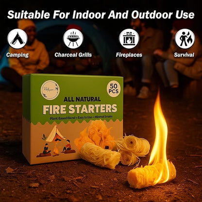 Fire Starters – 50 Natural Fire Starter Pieces for Fireplace, Wood Stove, Campfire, BBQ, Pizza Oven, Fire Pit & Smoker – Safe Charcoal Starters for Grill & Pellet Stove