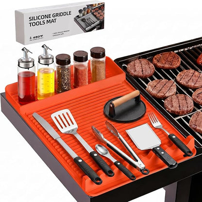 Silicone Grill Mat for Blackstone Griddles & Outdoor Grills - Heat Resistant (450°F) Countertop Protector, Non-Slip Tool Organizer & Grease Catcher, 16x11.5 Inch(Orange)