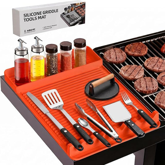 Silicone Grill Mat for Blackstone Griddles & Outdoor Grills - Heat Resistant (450°F) Countertop Protector, Non-Slip Tool Organizer & Grease Catcher, 16x11.5 Inch(Orange)