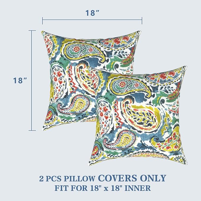 LVTXIII 2 Pack Outdoor Pillow Covers ONLY 18x18 Inch, Water-Repellent Square Decorative Cushion Covers for Patio Furniture, Garden, Sofa, Paradise Paisley