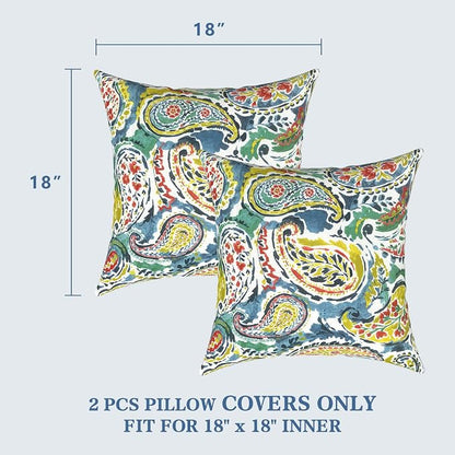 LVTXIII 2 Pack Outdoor Pillow Covers ONLY 18x18 Inch, Water-Repellent Square Decorative Cushion Covers for Patio Furniture, Garden, Sofa, Paradise Paisley