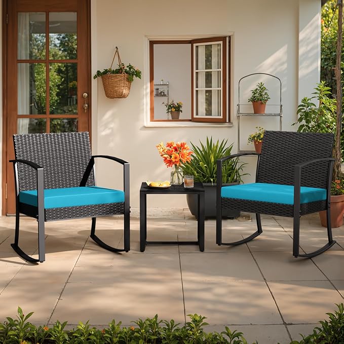 Greesum 3 Piece Patio Furniture Set, All-Weather Imitation Rattan Conversation Set, Outdoor Rocking Chair Bistro Set with Glass Top Coffee Table for Pool, Deck, Porch, Garden or Balcony, Blue