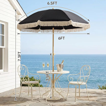 6.5FT Boho Patio Umberlla with Fringe,UPF50+ Outdoor Umbrella with Fiberglass Ribs and Push Button Tilt,Tassels Umbrella for Beach,Terrace,Picnic