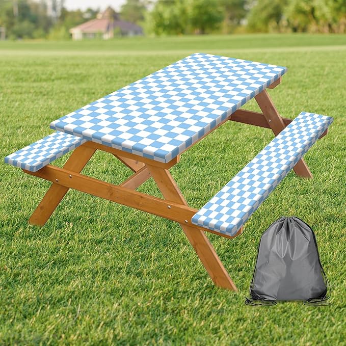 Picnic Table Cover with Bench Covers and Bag, Blue and White Checkered Gingham Buffalo Plaid Camping Tablecloth Waterproof Windproof Elastic Edges Fitted Tablecloths for Outdoor Garden 3PCS 30x60 Inch