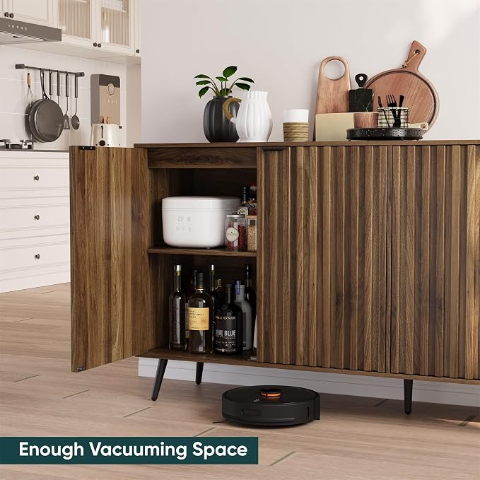 Semiocthome Walnut Buffet Cabinet with Storage, Large Sideboard Cabinet with 4 Fluted Doors and Metal Legs, Storage Cabinet with Adjustable Shelf, Accent Table for Living Room, Dining Room, Kitchen