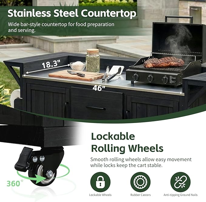 60.2-inch Mobile Outdoor Kitchen Island, Wooden BBQ Table with Stainless Steel countertop, Mobile BBQ Trolley with Storage Cabinet, 2 Storage compartments, Wine Rack and Spice Rack