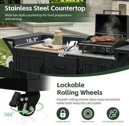 60.2-inch Mobile Outdoor Kitchen Island, Wooden BBQ Table with Stainless Steel countertop, Mobile BBQ Trolley with Storage Cabinet, 2 Storage compartments, Wine Rack and Spice Rack