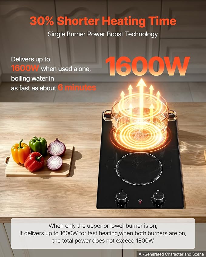 VEVOR Electric Cooktop 12in 2 Burners Portable Stove Top 1800W 120V Plug In, Ceramic Countertop/Built-in Radiant Electric Stove, with 11 Power Levels, Over-Heat Guard, Knob Control