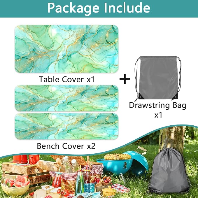 Marble Picnic Table Cover with Bench Covers 6FT, Camping Essentials, Teal Turquoise Gold Waterproof Windproof Oilproof, Fitted Tablecloth Cover with Elastic Edge for Outdoor Garden 3 PCS 30x60 Inch