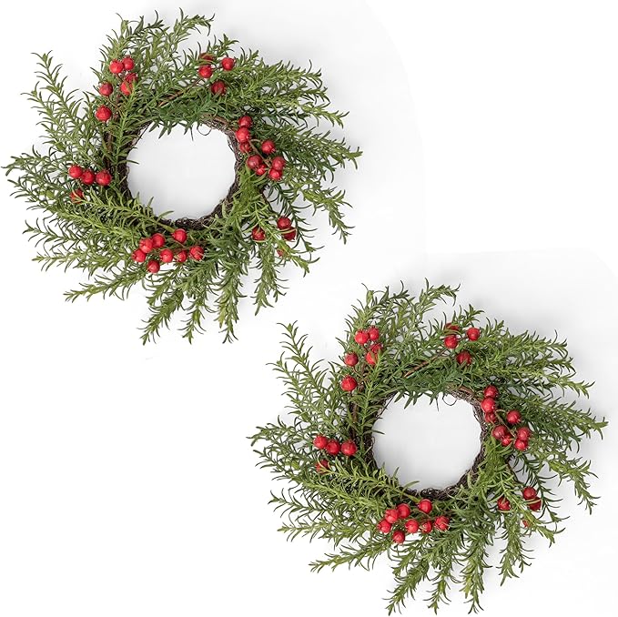 2 Pcs Christmas Candle Rings Wreaths, 10 Inch Candle Wreath with Artificial Berries Rosemary, Christmas Candle Holder Indoor Decor for Home Kitchen Cabinets Centerpieces for Tables