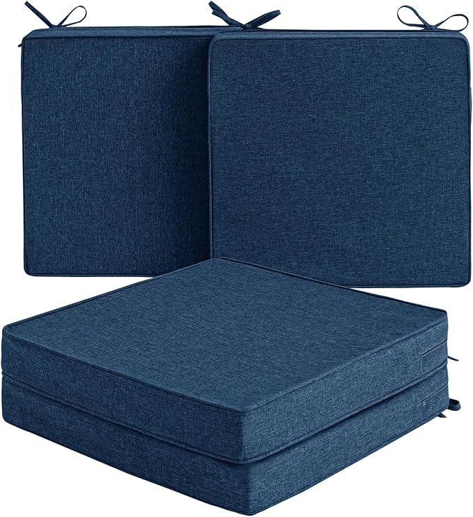 Outdoor Chair Cushions, Set of 4, 24 x 24 Inch, Navy Blue | Water Resistant, Fade Resistant, Patio Furniture Square Seat Replacement, Removable Cover with Ties, Non-Slip Bottom